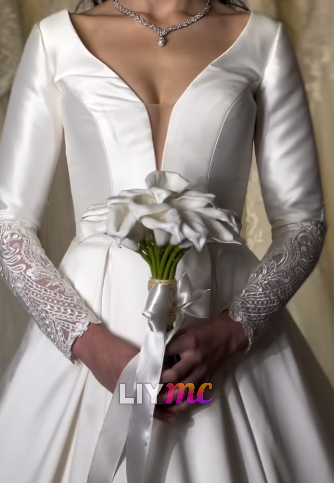 V-Neck Long Sleeves Appliques Satin A-Line Wedding Dress
