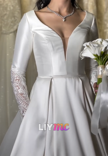 V-Neck Long Sleeves Appliques Satin A-Line Wedding Dress