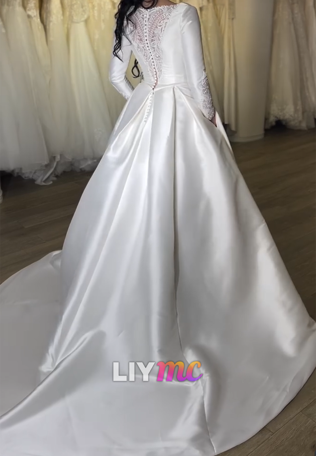 V-Neck Long Sleeves Appliques Satin A-Line Wedding Dress