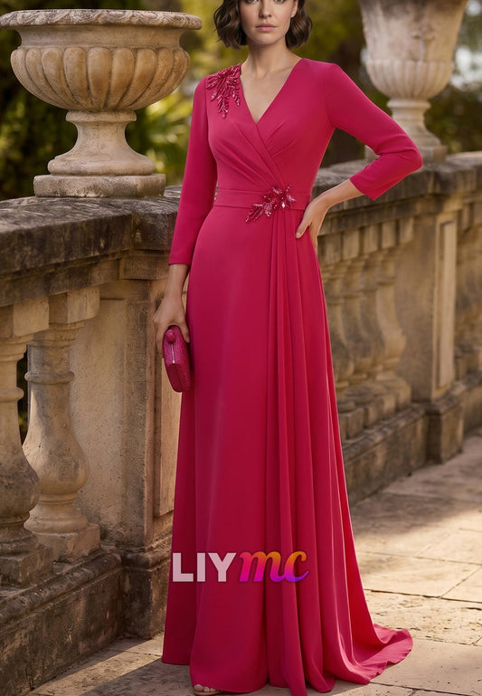 V-Neck Long Sleeves Appliques Sheath Mother of Bride Dress