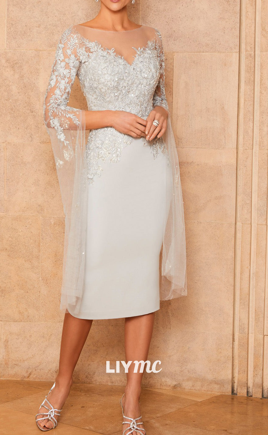 M1169 - V-Neck Long Sleeves Appliques Sleek Mermaid Mother of Bride Wedding Guest Dress