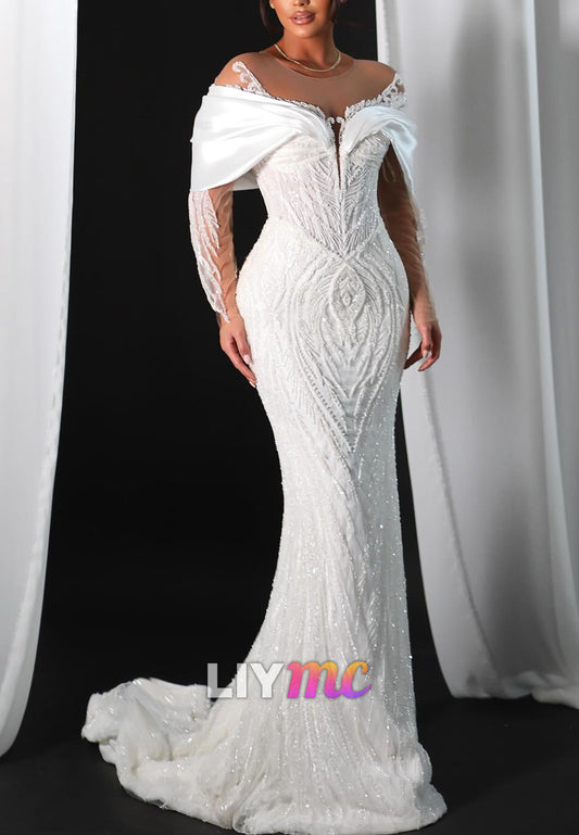 V-Neck Long Sleeves Appliques Sparkly Mermaid Wedding Dress