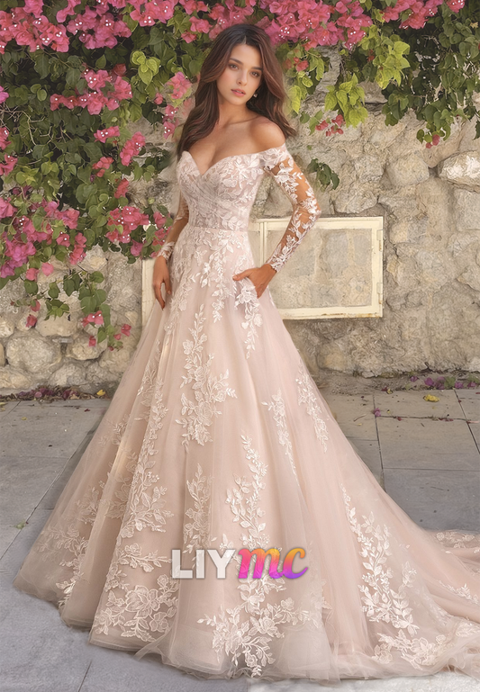 V-Neck Long Sleeves Appliques Tulle A-Line Ball Gown Wedding Dress