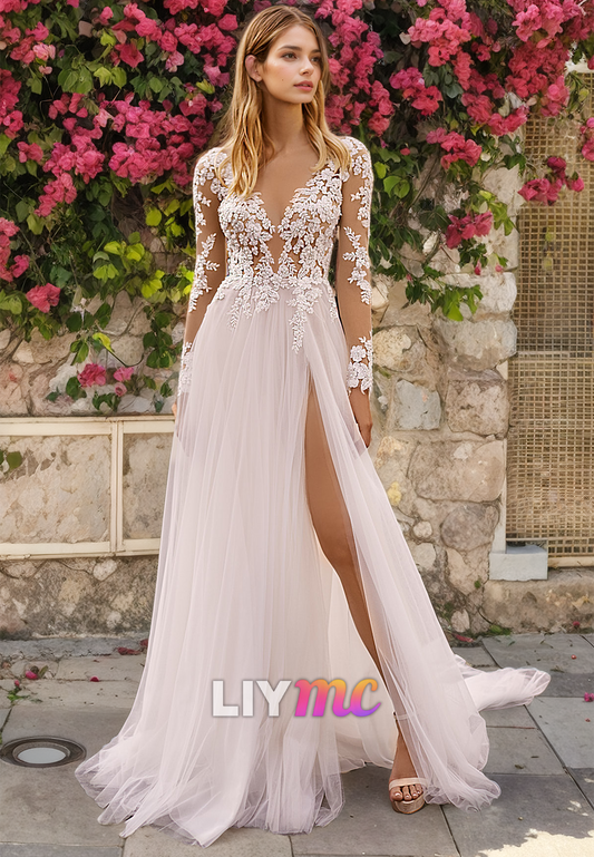 V-Neck Long Sleeves Appliques Tulle A-Line Beach Wedding Dress