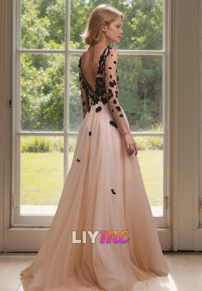 V-Neck Long Sleeves Appliques Tulle A-Line Mother of Bride Dress