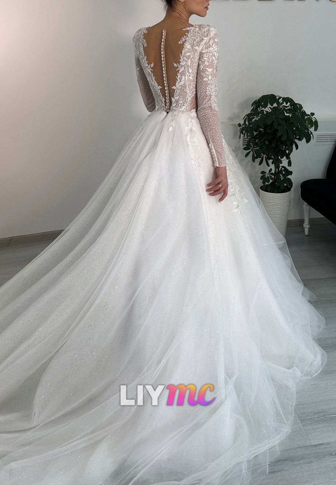 V-Neck Long Sleeves Appliques Tulle A-Line Wedding Dress