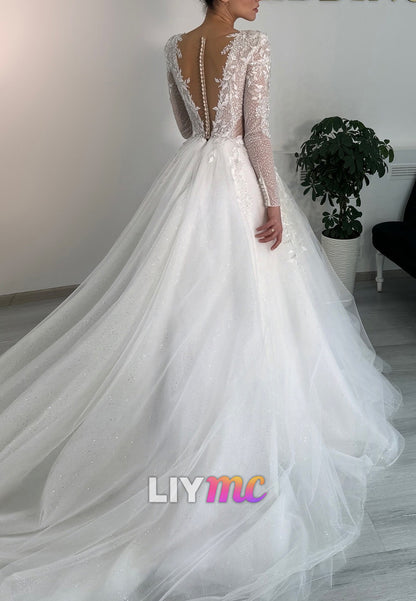 V-Neck Long Sleeves Appliques Tulle A-Line Wedding Dress