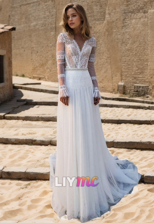 V-Neck Long Sleeves Appliques Tulle A-Line Wedding Dress