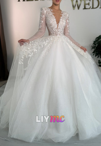 V-Neck Long Sleeves Appliques Tulle A-Line Wedding Dress