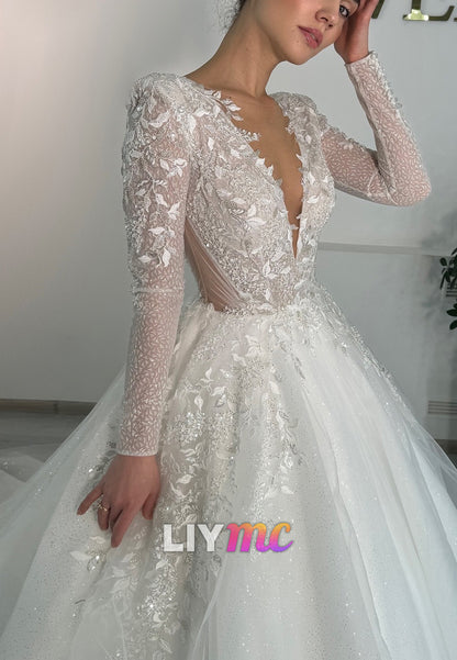 V-Neck Long Sleeves Appliques Tulle A-Line Wedding Dress