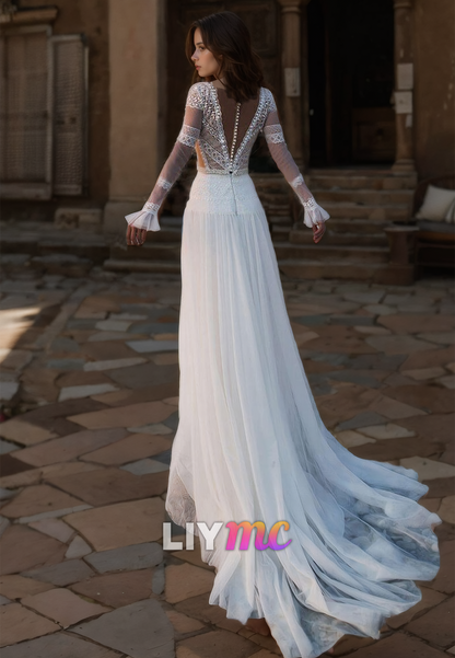 V-Neck Long Sleeves Appliques Tulle A-Line Wedding Dress