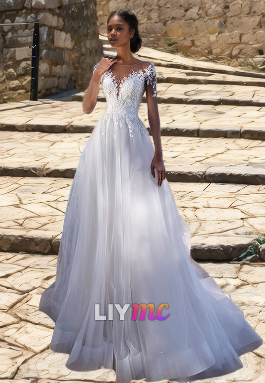 V-Neck Long Sleeves Appliques Tulle Ball Gown Wedding Dress