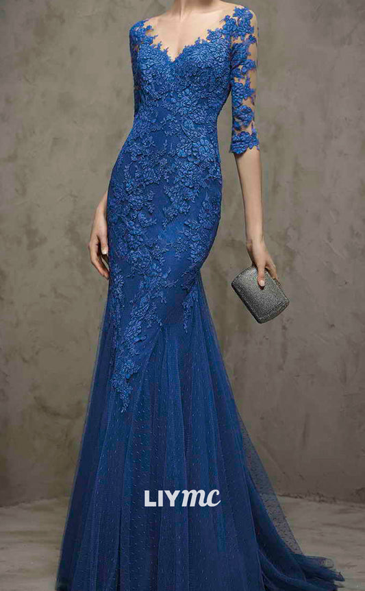 M1121 - V-Neck Long Sleeves Appliques Tulle Mermaid Mother of Bride Dress Wedding Guest Dress