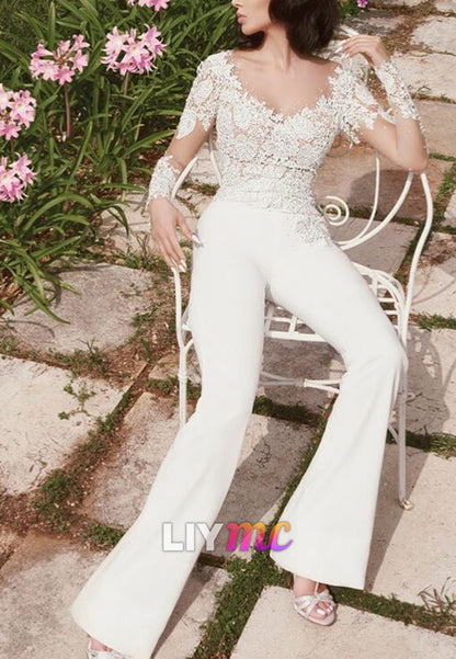 V-Neck Long Sleeves Appliques Wedding Jumpsuit