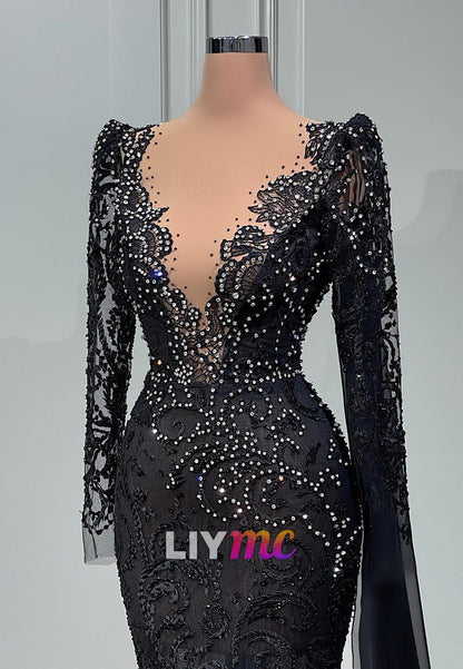 V-Neck Long Sleeves Beaded Appliques Mermaid Evening Dress