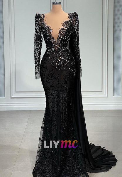 V-Neck Long Sleeves Beaded Appliques Mermaid Evening Dress