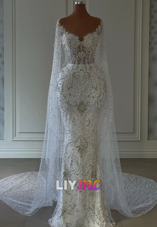 V-Neck Long Sleeves Beaded Appliques Mermaid Wedding Dress