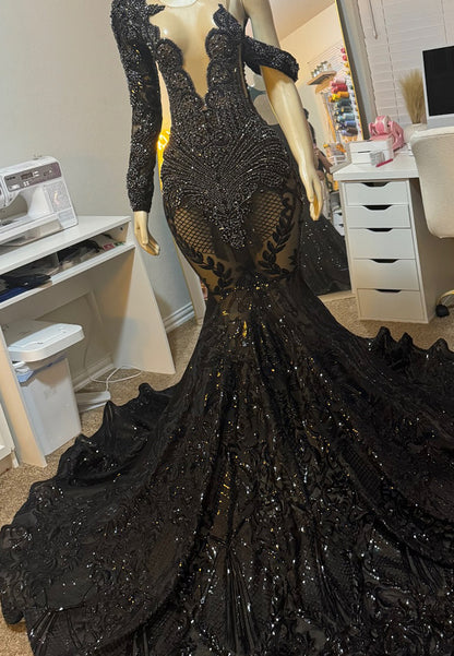 V-Neck Long Sleeves Beaded Appliques Sparkly Mermaid Prom Dress for Black Girls