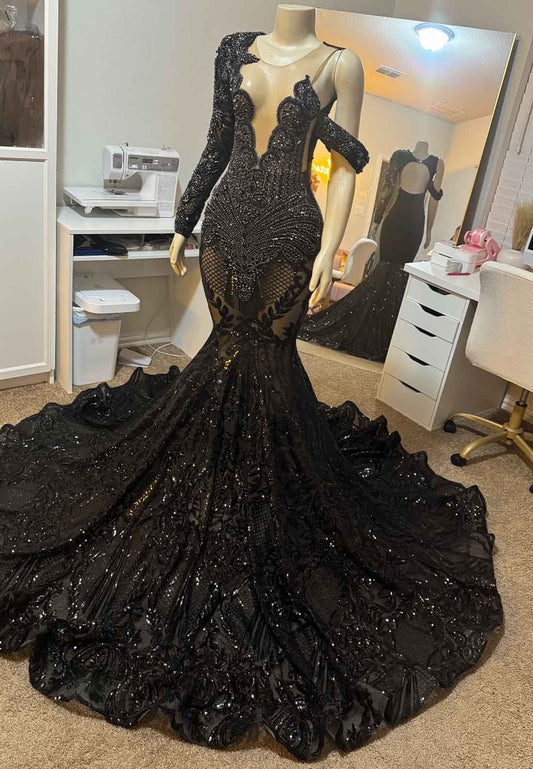 V-Neck Long Sleeves Beaded Appliques Sparkly Mermaid Prom Dress for Black Girls
