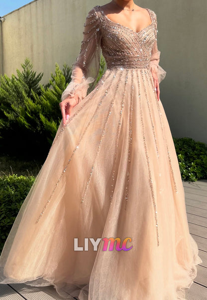 V-Neck Long Sleeves Beaded Embroidery A-Line Formal Dress