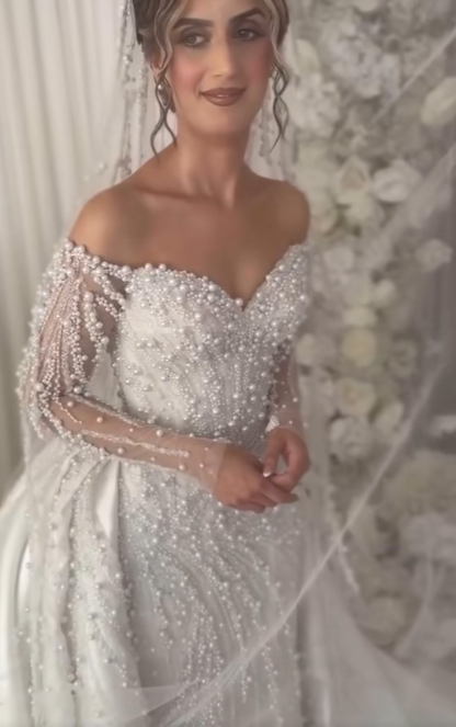 V-Neck Long Sleeves Beaded Embroidery Pearl Mermaid Wedding Dress