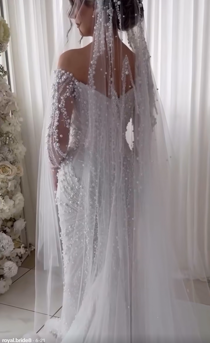 V-Neck Long Sleeves Beaded Embroidery Pearl Mermaid Wedding Dress