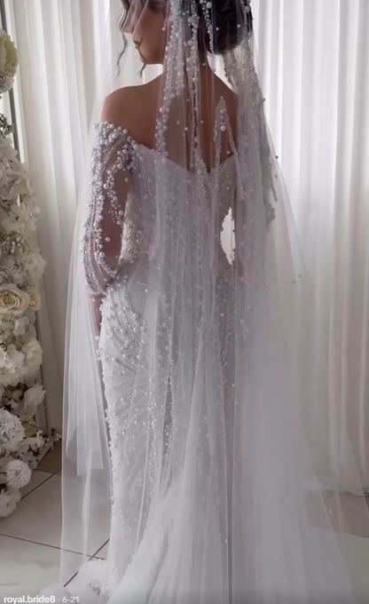 V-Neck Long Sleeves Beaded Embroidery Pearl Mermaid Wedding Dress