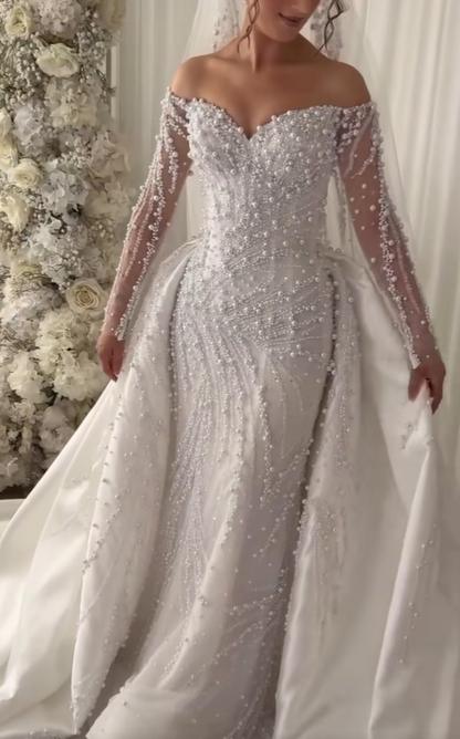 V-Neck Long Sleeves Beaded Embroidery Pearl Mermaid Wedding Dress