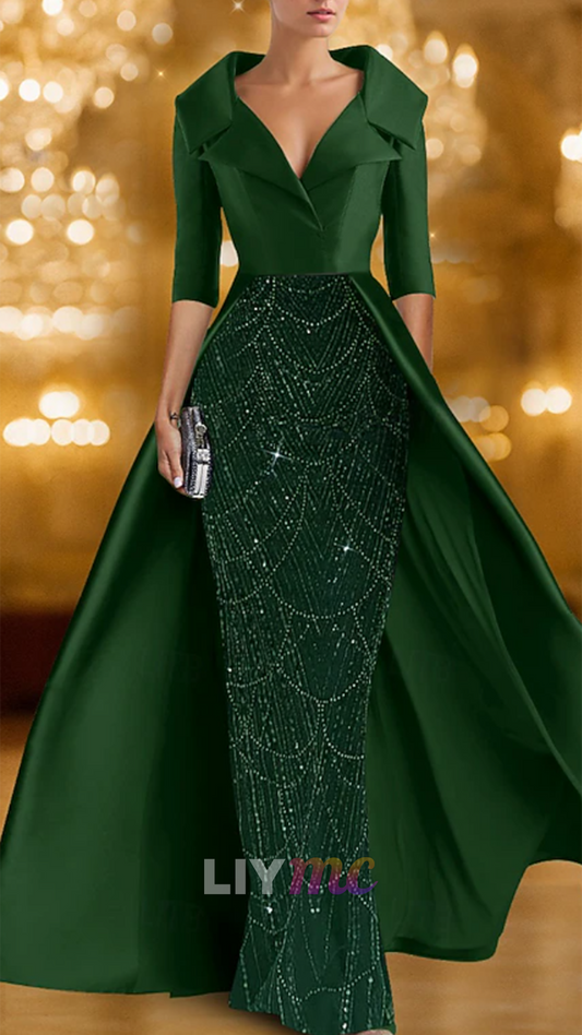 V-Neck Long Sleeves Beaded Embroidery Satin Mother of Bride Dress