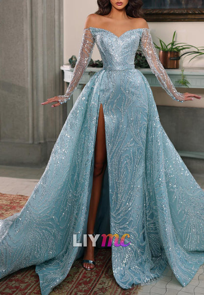 V-Neck Long Sleeves Beaded Embroidery Sheath Prom Dress