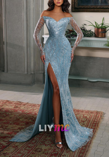 V-Neck Long Sleeves Beaded Embroidery Sheath Prom Dress