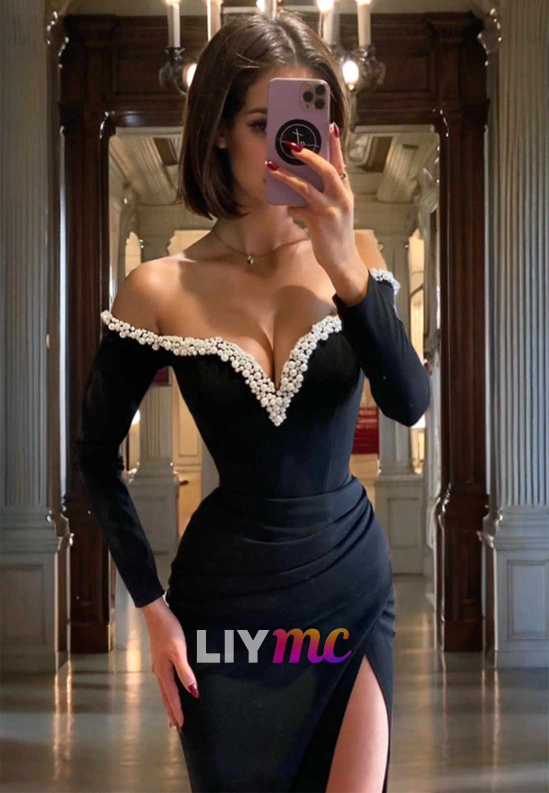 LP918 - Off Shoulder Pearls Draped Long Sleeves Black Mermaid Formal Prom Dress with Slit