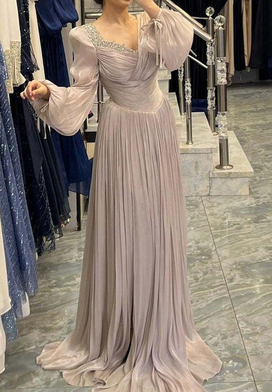 V-Neck Long Sleeves Beaded Pleated A-Line Evening Dress