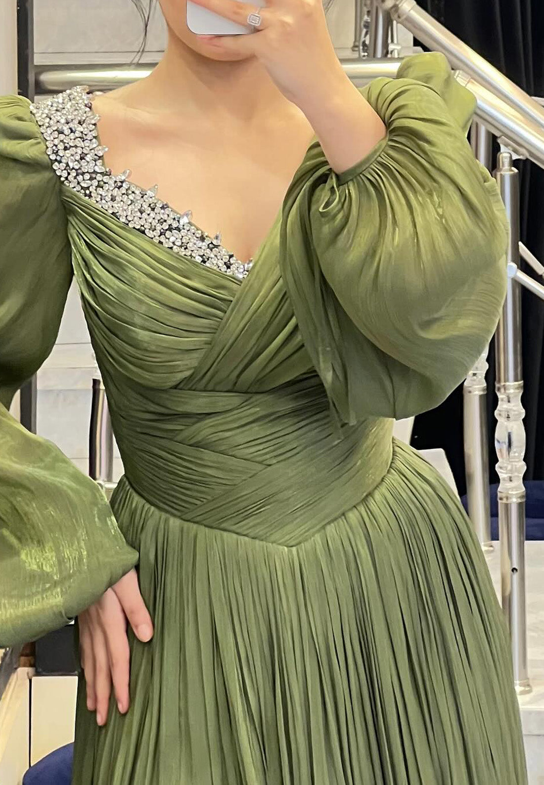 V-Neck Long Sleeves Beaded Pleated A-Line Evening Dress