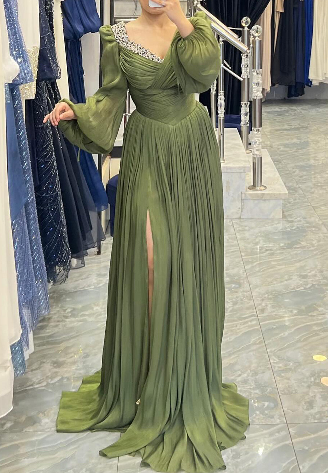V-Neck Long Sleeves Beaded Pleated A-Line Evening Dress