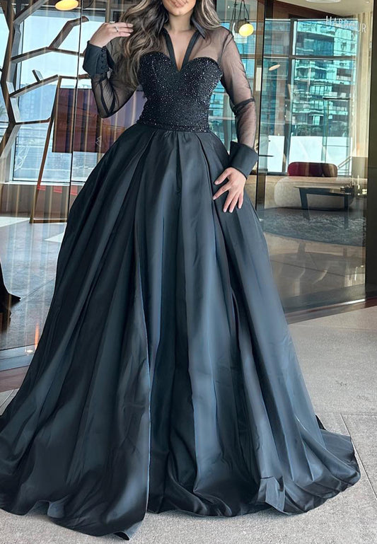 V-Neck Long Sleeves Beaded Pleated A-Line Evening Dress
