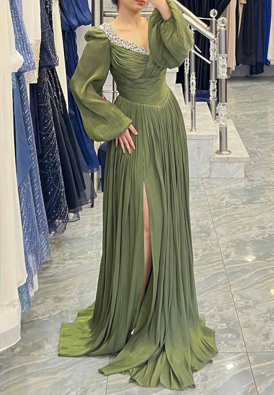 V-Neck Long Sleeves Beaded Pleated A-Line Evening Dress