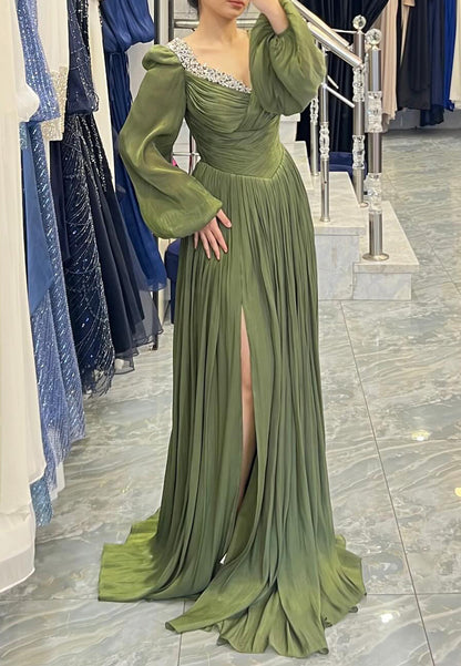 V-Neck Long Sleeves Beaded Pleated A-Line Evening Dress