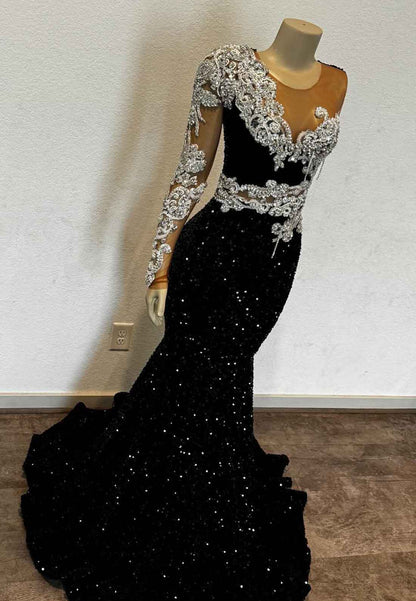 V-Neck Long Sleeves Beaded Sequins Sparkly Mermaid Prom Dress for Black Girls