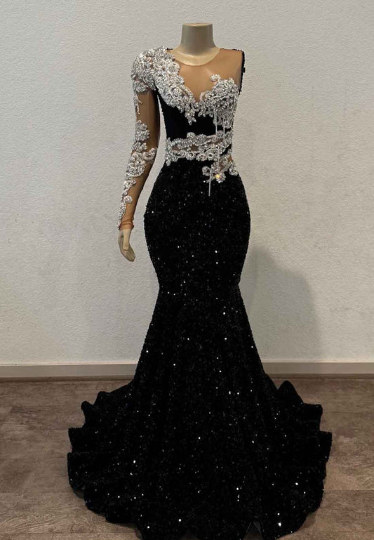V-Neck Long Sleeves Beaded Sequins Sparkly Mermaid Prom Dress for Black Girls