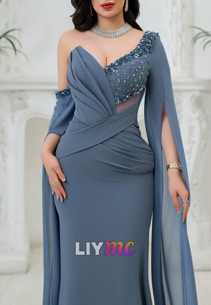 V-Neck Long Sleeves Beaded Sheath Evening Dress