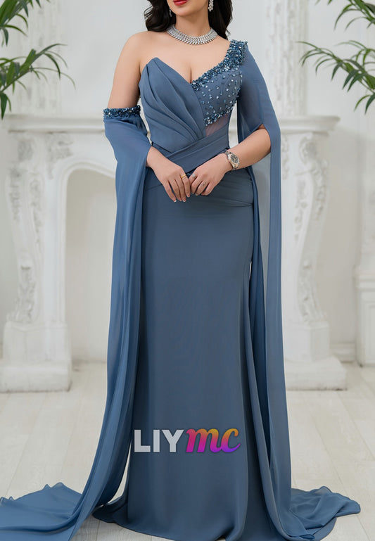 V-Neck Long Sleeves Beaded Sheath Evening Dress
