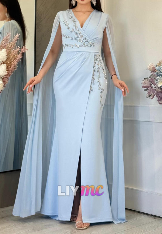 V-Neck Long Sleeves Beaded Sheath Evening Mother of Bride Dress