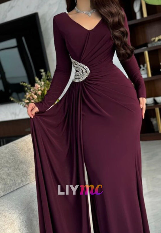 V-Neck Long Sleeves Beaded Sheath Formal Dress