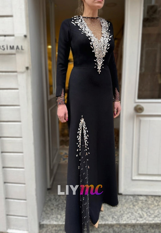 V-Neck Long Sleeves Beaded Sheath Mother of Bride Dress