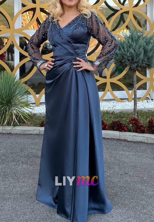 V-Neck Long Sleeves Beaded Sheath Mother of Bride Dress