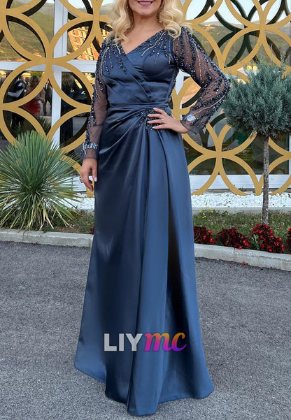V-Neck Long Sleeves Beaded Sheath Mother of Bride Dress