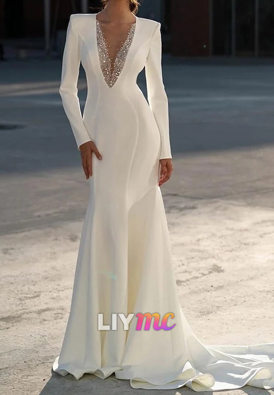 V-Neck Long Sleeves Beaded Sleek Mermaid Wedding Dress