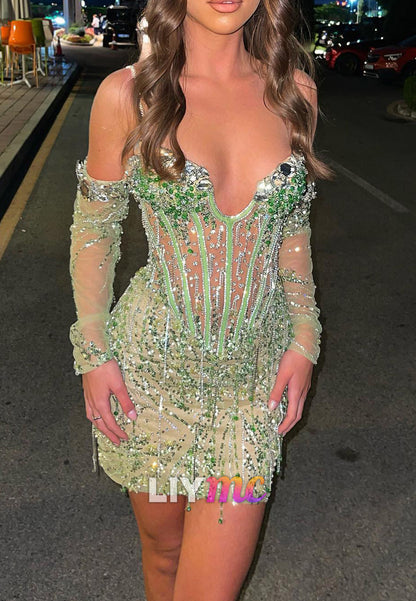 V-Neck Long Sleeves Beaded Sparkly Sheath Party Homecoming Dress