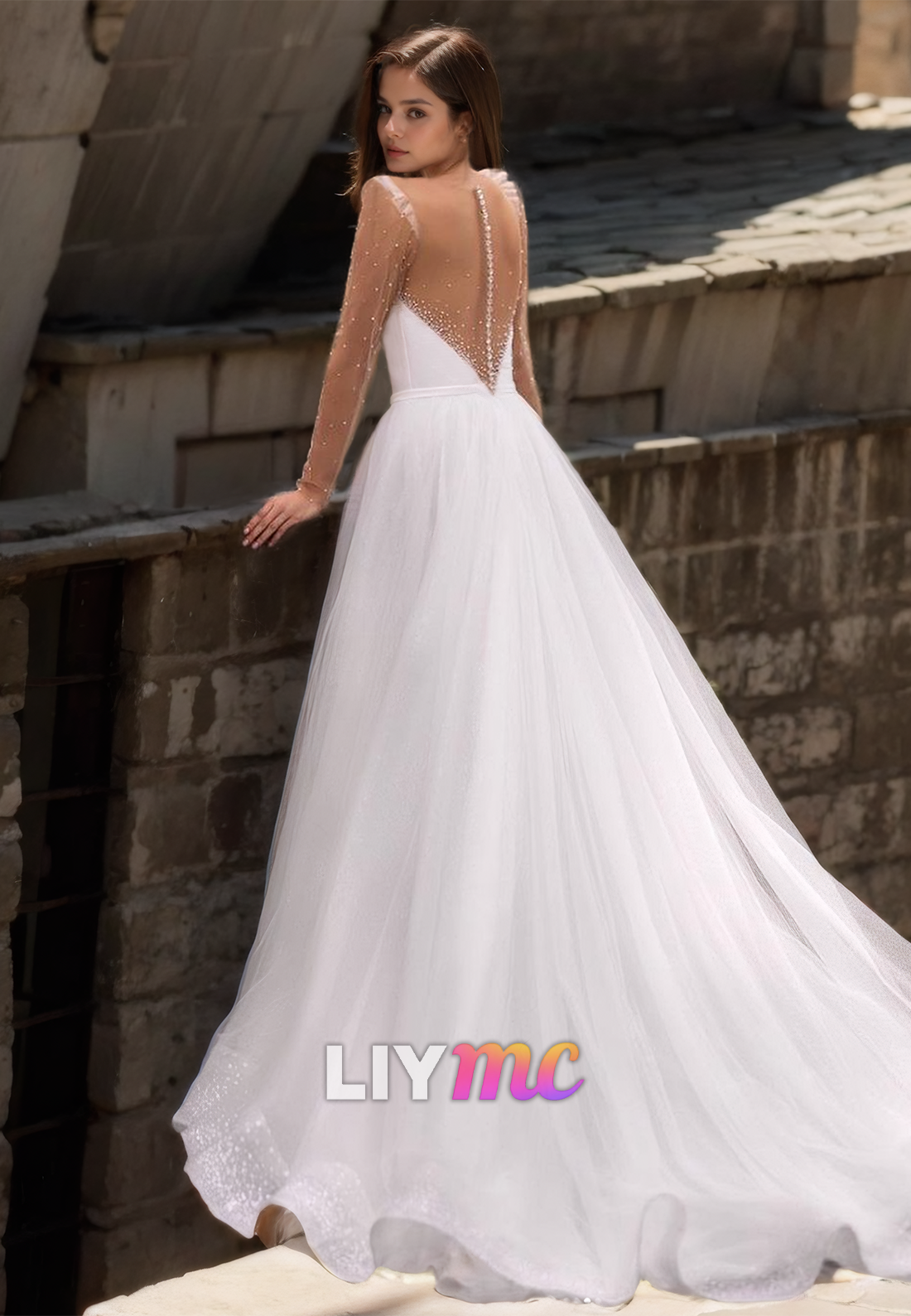 V-Neck Long Sleeves Beaded Tulle A-Line Wedding Dress